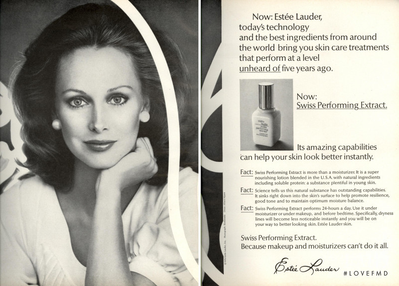 Karen Graham featured in  the Estée Lauder Swiss Performing Extract  advertisement for Spring/Summer 1976