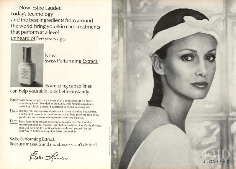 Karen Graham featured in  the Estée Lauder Swiss Performing Extract  advertisement for Autumn/Winter 1975