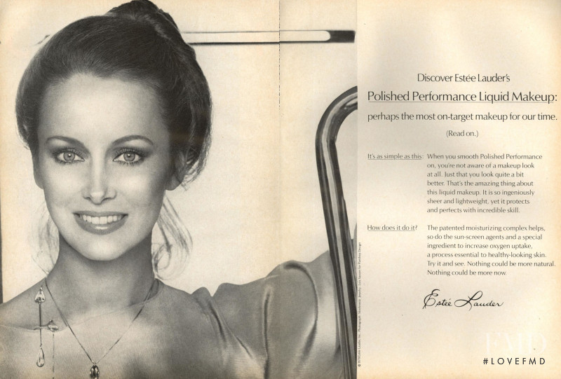 Karen Graham featured in  the Estée Lauder Polished Performance Liquid Makeup advertisement for Spring/Summer 1979