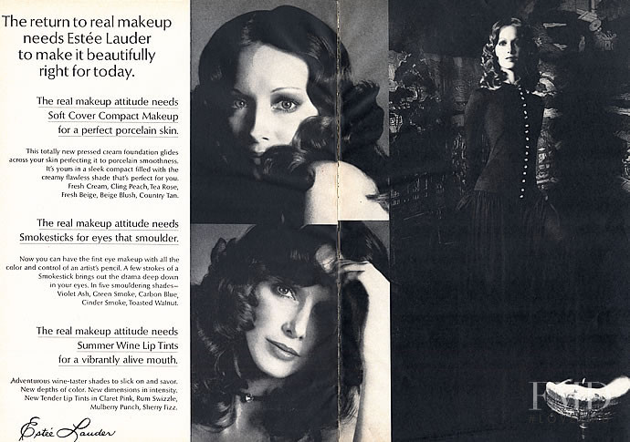 Karen Graham featured in  the Estée Lauder  Soft Cover Compact Makeup advertisement for Spring/Summer 1971