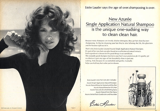 Karen Graham featured in  the Estée Lauder New Azuree Single Application Natural Shampoo advertisement for Autumn/Winter 1971