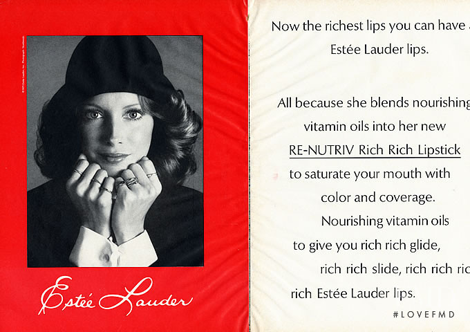 Karen Graham featured in  the Estée Lauder RE-Nutriv Rich Rich Lipstick advertisement for Autumn/Winter 1971