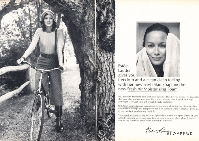 Karen Graham featured in  the Estée Lauder Fresh Air Moisturizing Foam advertisement for Autumn/Winter 1970