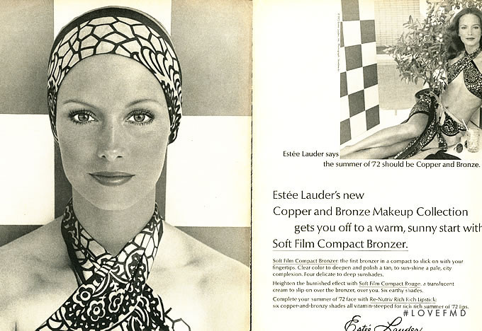 Karen Graham featured in  the Estée Lauder New Copper and Bronze Makeup Collection advertisement for Spring/Summer 1972