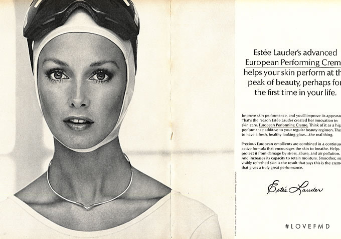 Karen Graham featured in  the Estée Lauder Swiss Performing Extract  advertisement for Spring/Summer 1973