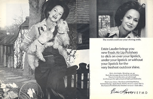 Karen Graham featured in  the Estée Lauder Fresh Air Polisher Lipstick advertisement for Spring/Summer 1974