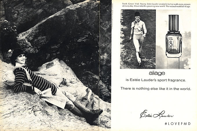 Karen Graham featured in  the Estée Lauder Aliage Sport Fragrances advertisement for Autumn/Winter 1974