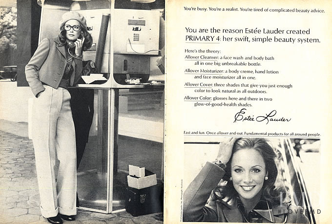 Karen Graham featured in  the Estée Lauder Primary 4 Beauty System advertisement for Autumn/Winter 1974