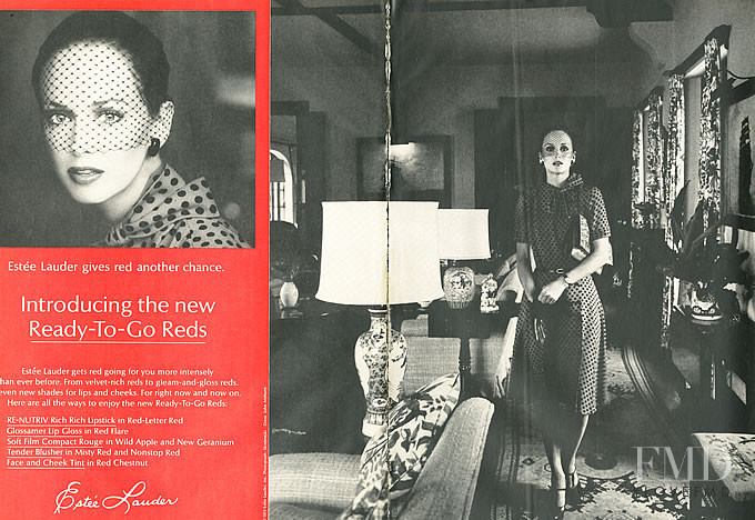 Karen Graham featured in  the Estée Lauder Ready-to-wear Reds advertisement for Autumn/Winter 1974