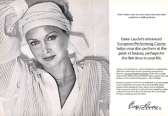 Karen Graham featured in  the Estée Lauder European Perfoming Creme advertisement for Spring/Summer 1975
