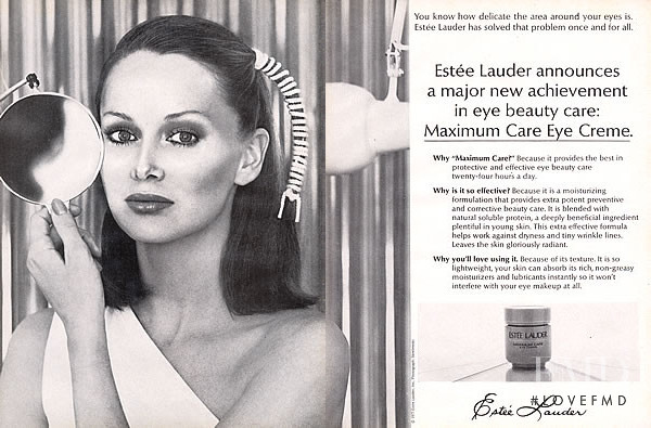 Karen Graham featured in  the Estée Lauder Maximum Care Eye Creme advertisement for Spring/Summer 1977