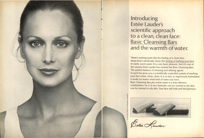 Karen Graham featured in  the Estée Lauder Basic Cleansing Bars advertisement for Spring/Summer 1977