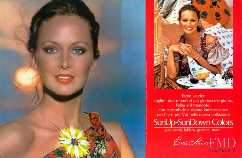 Karen Graham featured in  the Estée Lauder Sun Up-Sun Downs Colors advertisement for Spring/Summer 1977