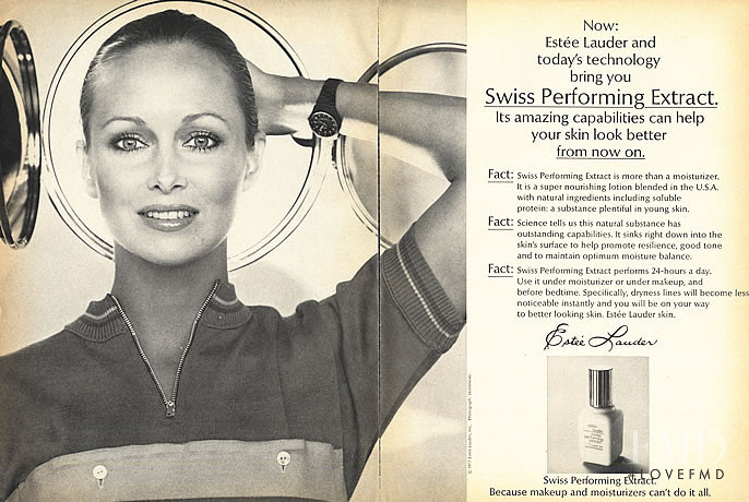 Karen Graham featured in  the Estée Lauder Swiss Performing Extract  advertisement for Spring/Summer 1977