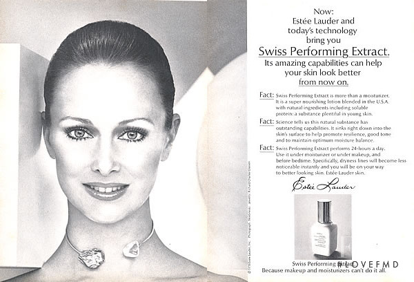 Karen Graham featured in  the Estée Lauder Swiss Performing Extract  advertisement for Spring/Summer 1978