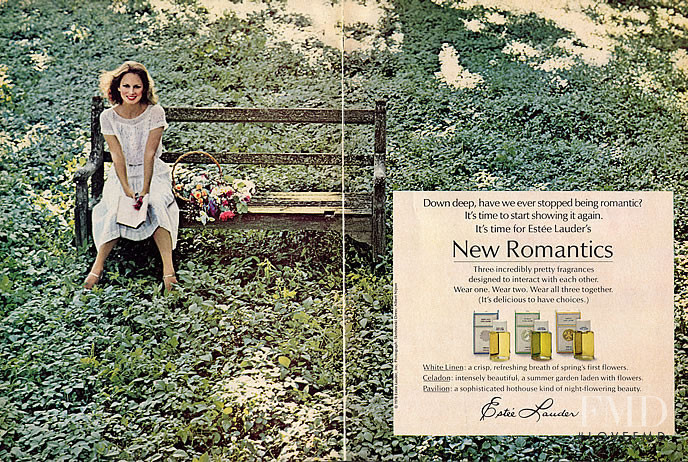 Karen Graham featured in  the Estée Lauder New Romantics Perfume advertisement for Spring/Summer 1979