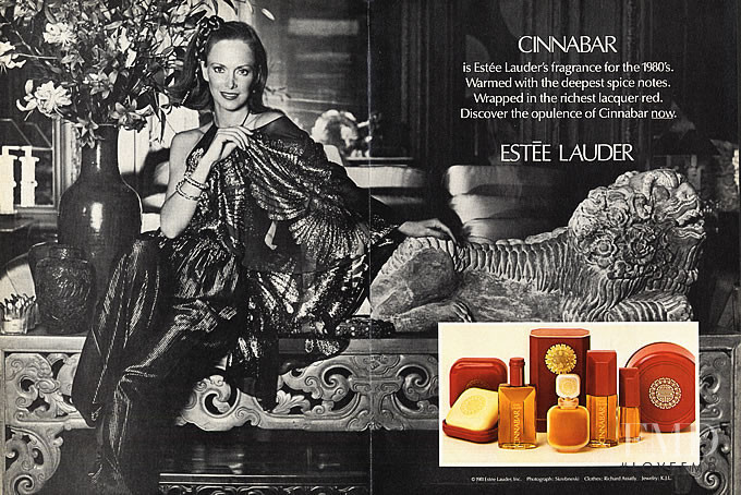 Karen Graham featured in  the Estée Lauder Cinnabar Perfume advertisement for Autumn/Winter 1981