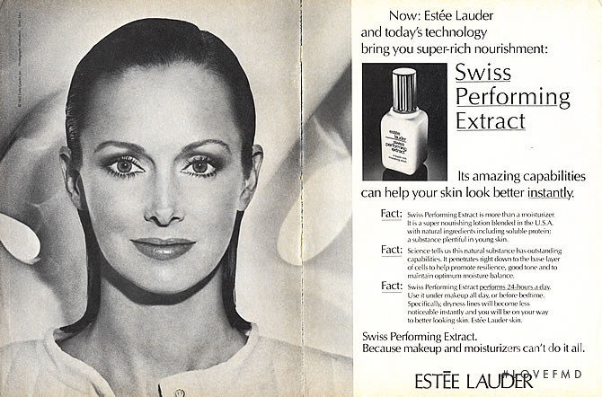 Karen Graham featured in  the Estée Lauder Swiss Performing Extract  advertisement for Spring/Summer 1982