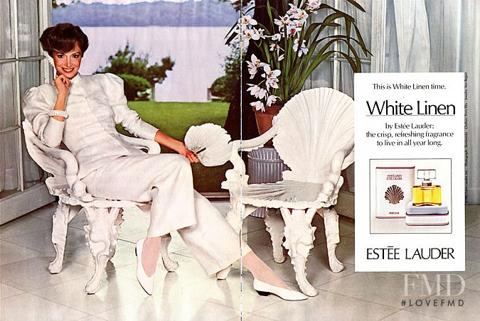 Karen Graham featured in  the Estée Lauder White Linen Perfume advertisement for Spring/Summer 1982