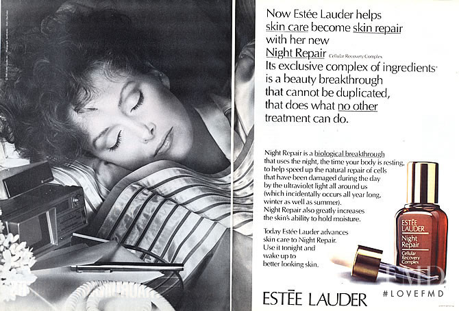 Karen Graham featured in  the Estée Lauder Night Repair  advertisement for Spring/Summer 1983