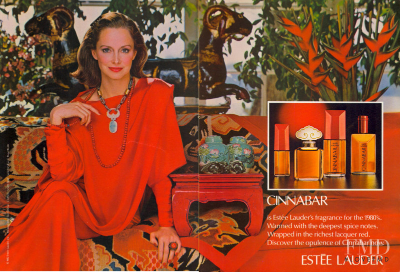 Karen Graham featured in  the Estée Lauder Cinnabar Perfume advertisement for Spring/Summer 1982