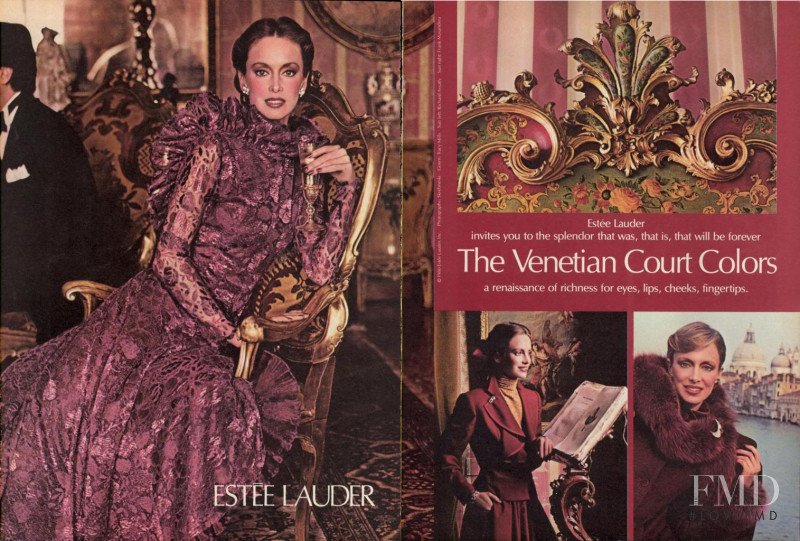 Karen Graham featured in  the Estée Lauder The Venetian Court Colors advertisement for Autumn/Winter 1980