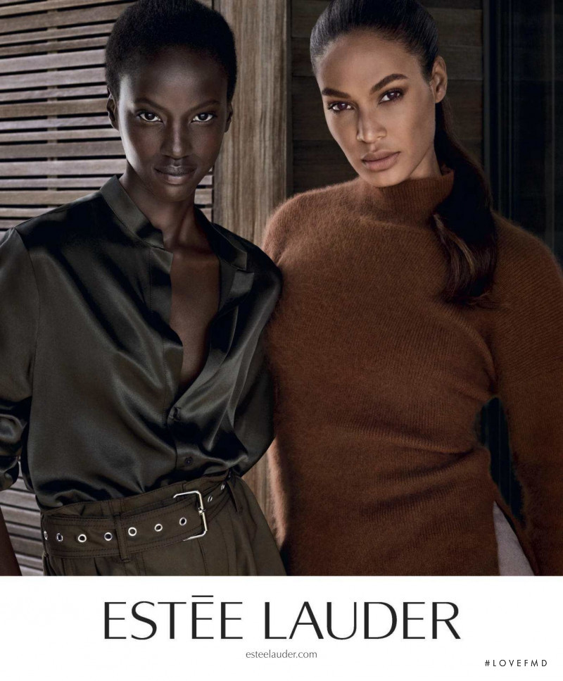 Anok Yai featured in  the Estée Lauder Double Wear Light Soft Matte Hydra Makeup advertisement for Autumn/Winter 2018