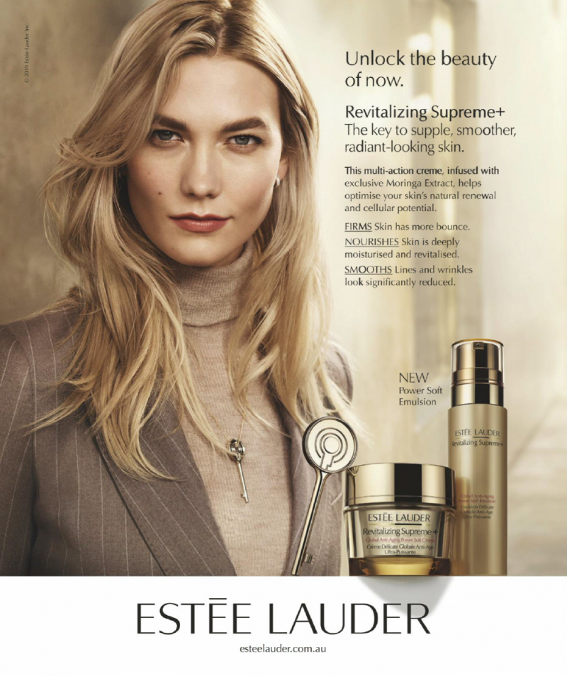 Karlie Kloss featured in  the Estée Lauder Perfectionist Pro advertisement for Spring/Summer 2019