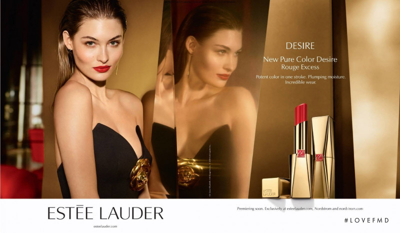 Grace Elizabeth featured in  the Estée Lauder Pure Color Desire Rouge Excess advertisement for Autumn/Winter 2018
