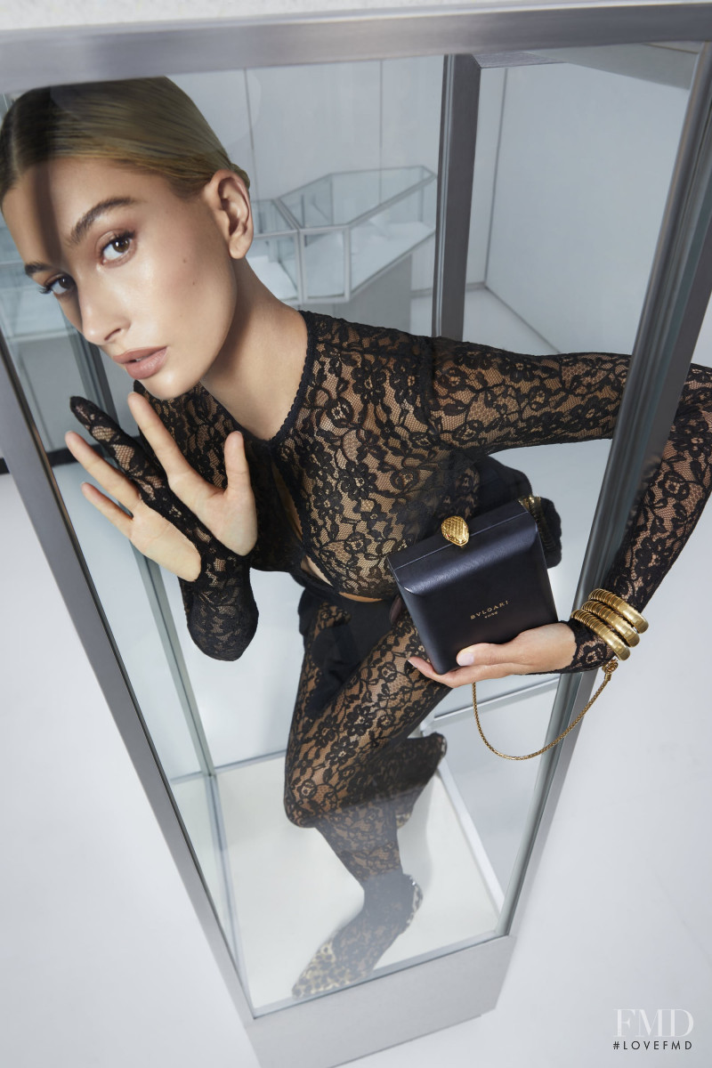 Hailey Baldwin Bieber featured in  the Alexander Wang Alexander Wang x Bulgari advertisement for Fall 2019