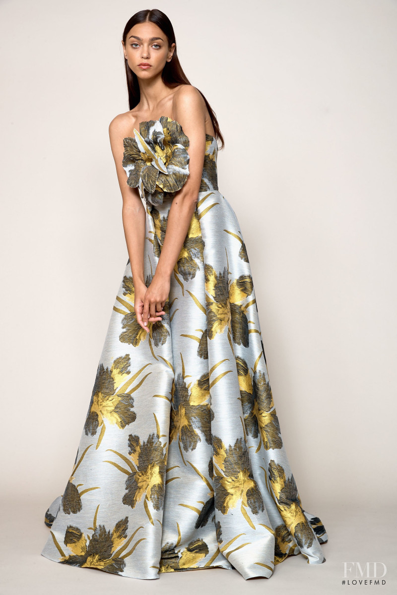 Zhenya Katava featured in  the Badgley Mischka lookbook for Resort 2018