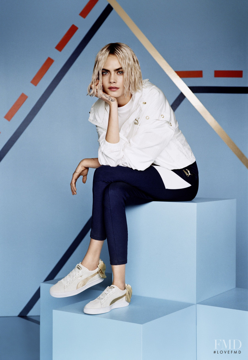 Cara Delevingne featured in  the PUMA Suede Bow Varsity Trainer  advertisement for Autumn/Winter 2018