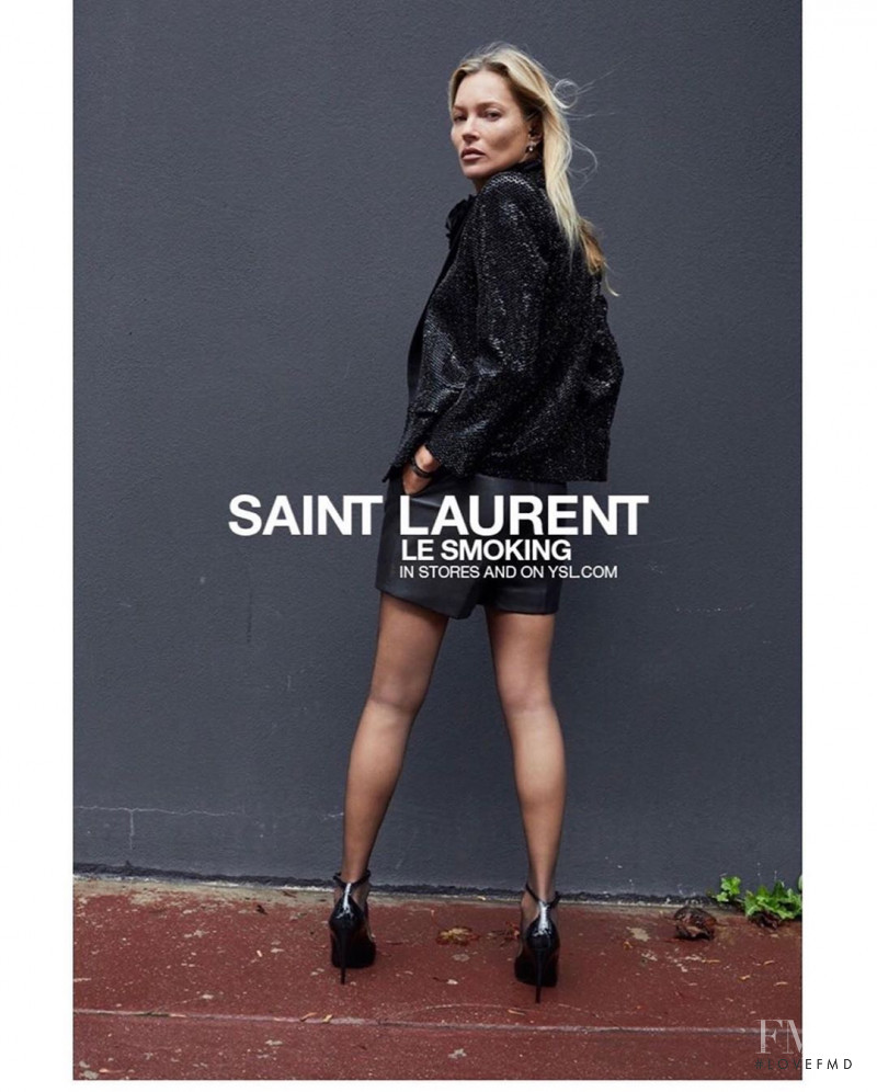 Kate Moss featured in  the Saint Laurent Saint Laurent Le Smoking 2019 #YSL28 advertisement for Winter 2019