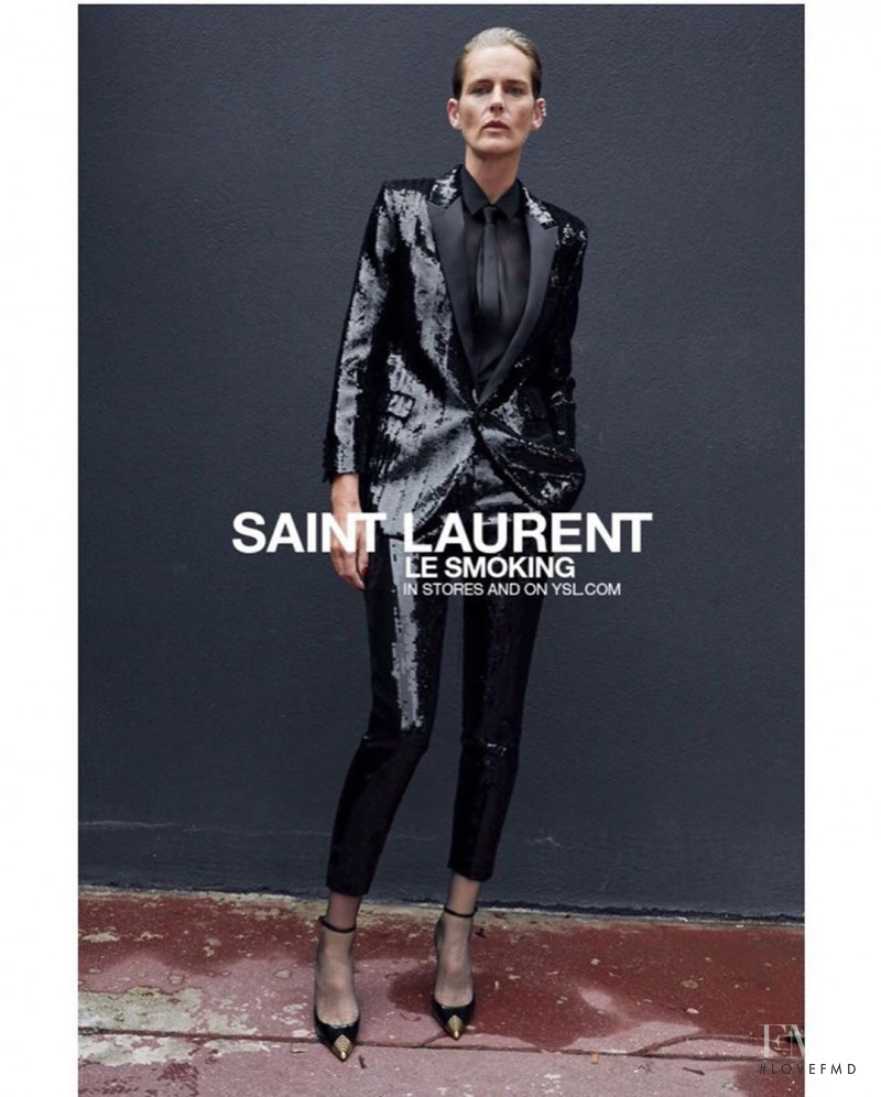 Stella Tennant featured in  the Saint Laurent Saint Laurent Le Smoking 2019 #YSL28 advertisement for Winter 2019