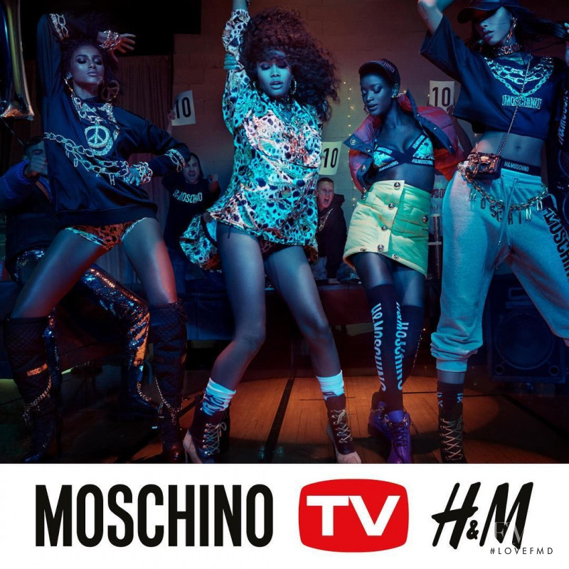 Yasmin Wijnaldum featured in  the H&M x Moschino advertisement for Autumn/Winter 2018