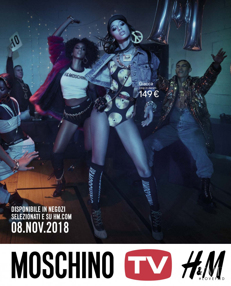 Yasmin Wijnaldum featured in  the H&M x Moschino advertisement for Autumn/Winter 2018