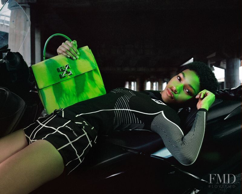 Naomi Chin Wing featured in  the Off-White Jitney Bag Campaign advertisement for Autumn/Winter 2019