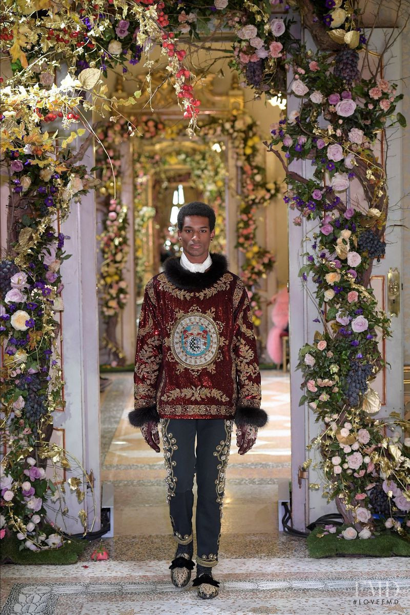 Omar Didiba featured in  the Dolce & Gabbana Alta Moda fashion show for Autumn/Winter 2019