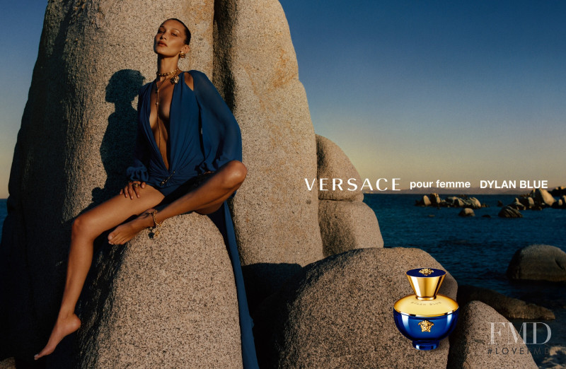 Bella Hadid featured in  the Versace Fragrance Dylan Blue pour femme & homme advertisement for Autumn/Winter 2020