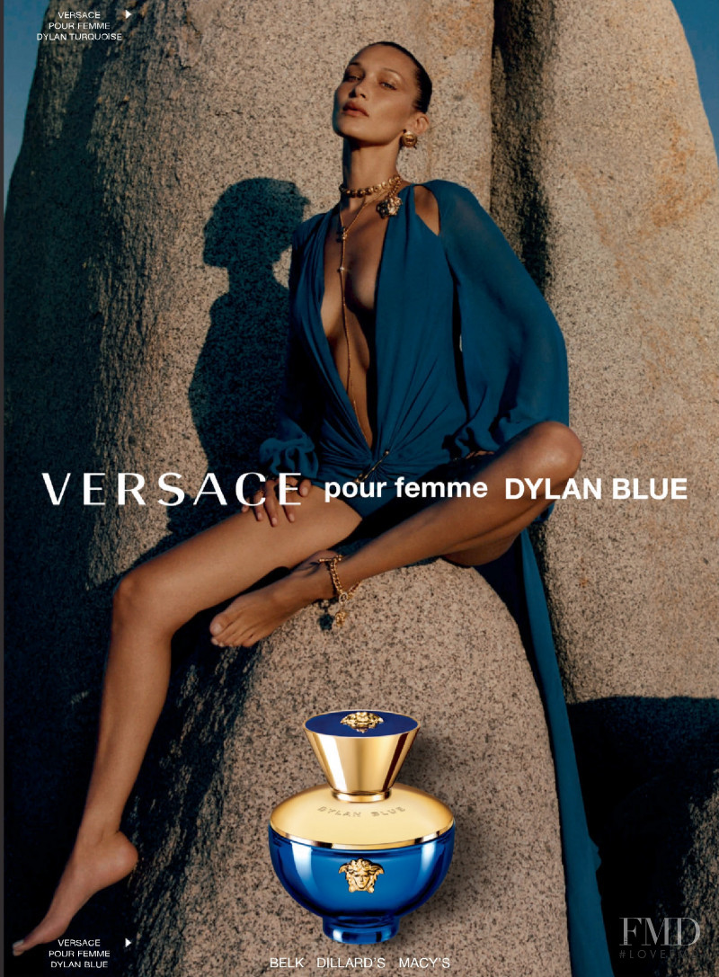 Bella Hadid featured in  the Versace Fragrance Dylan Blue advertisement for Spring/Summer 2021