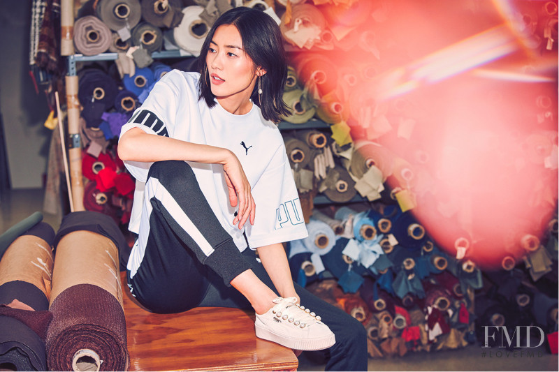 Liu Wen featured in  the PUMA Suede Platform Trace Bling advertisement for Summer 2018