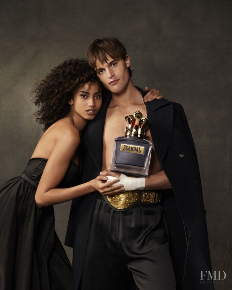 Imaan Hammam featured in  the Jean-Paul Gaultier Fragrance Scandal Pour Homme advertisement for Autumn/Winter 2021
