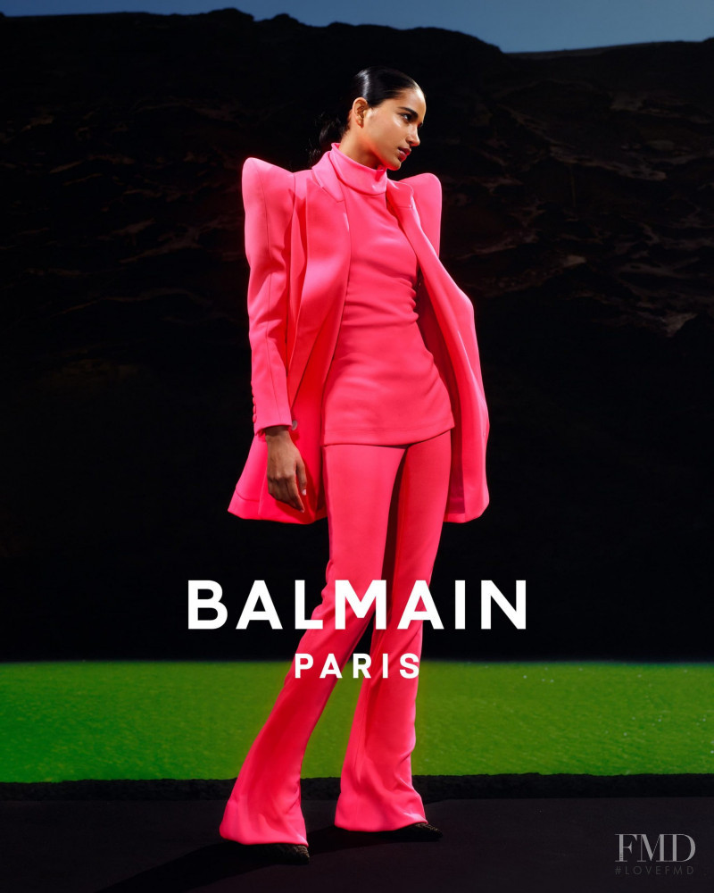 Ame Amrit featured in  the Balmain 1945 Bags advertisement for Spring/Summer 2021