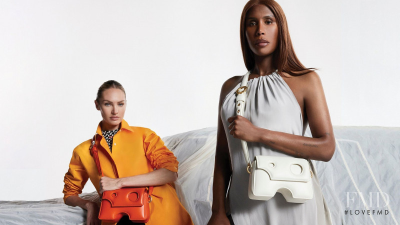 Candice Swanepoel featured in  the Off-White Burrow Bag advertisement for Autumn/Winter 2021