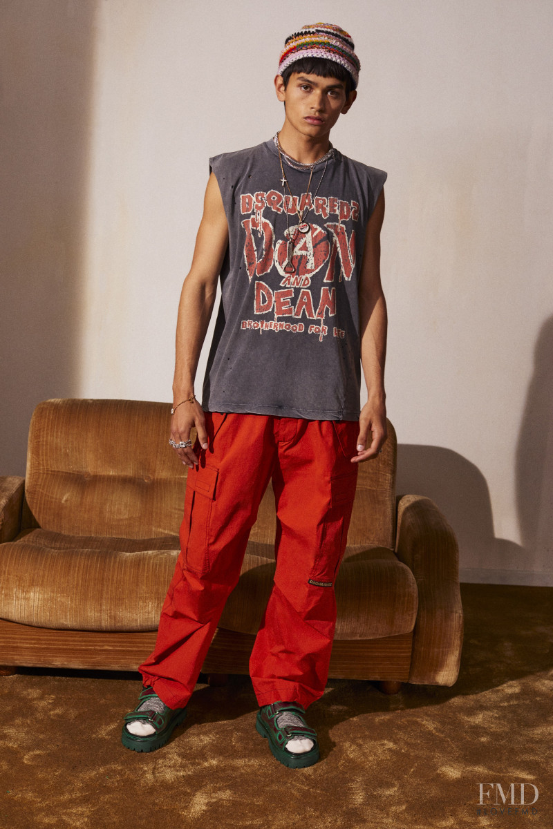 Sakua Kambong featured in  the DSquared2 lookbook for Resort 2022