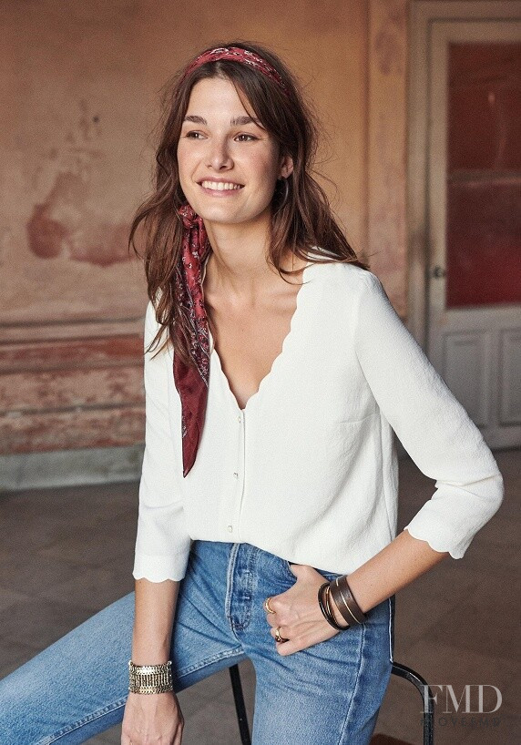 Ophélie Guillermand featured in  the Sézane lookbook for Pre-Spring 2019