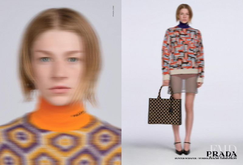 Hunter Schafer featured in  the Prada advertisement for Pre-Fall 2022