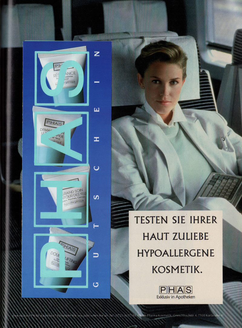 Anette Stai featured in  the PHAS  HYPOALLERGENE KOSMETIK  advertisement for Spring/Summer 1990