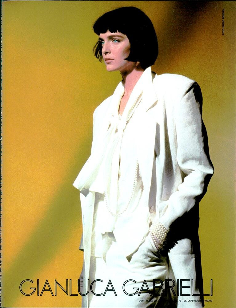 Simonetta Gianfelici featured in  the Gianluca Gabrielli advertisement for Spring/Summer 1985