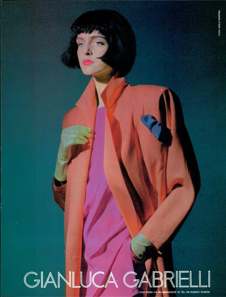 Simonetta Gianfelici featured in  the Gianluca Gabrielli advertisement for Spring/Summer 1985